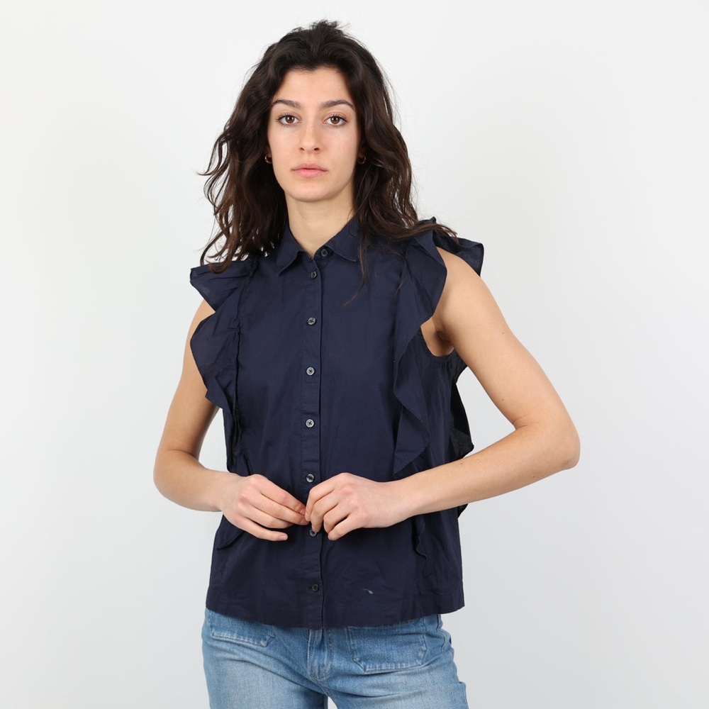 Pearl Navy Ruffle Sleeveless Button-Front Blouse - Picture 14 of 14